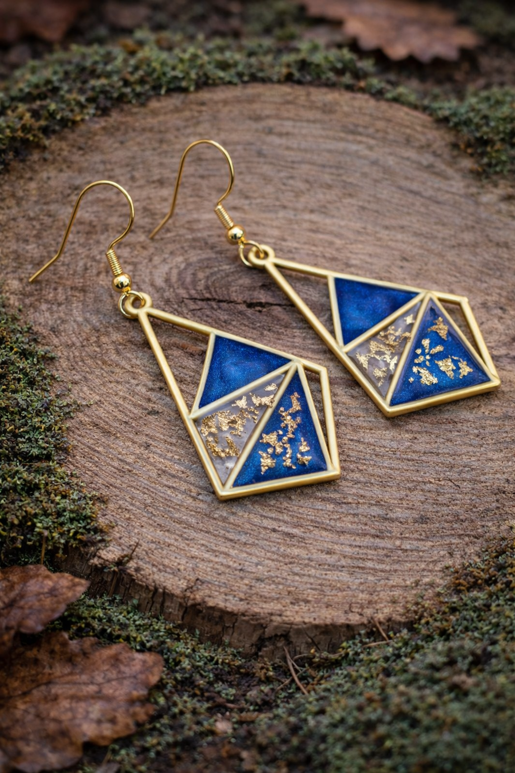 Boucles d’oreilles – Géométrie bleu nuit & éclats dorés