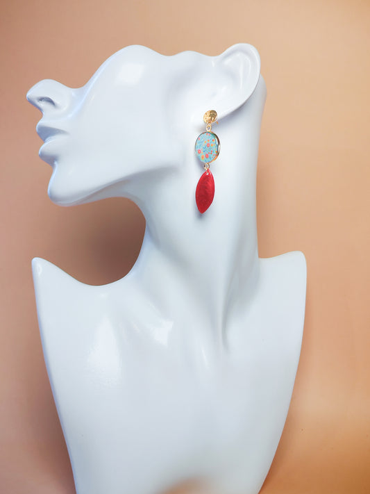 Boucles d’oreilles – Fleurs solaires et goutte coquelicot