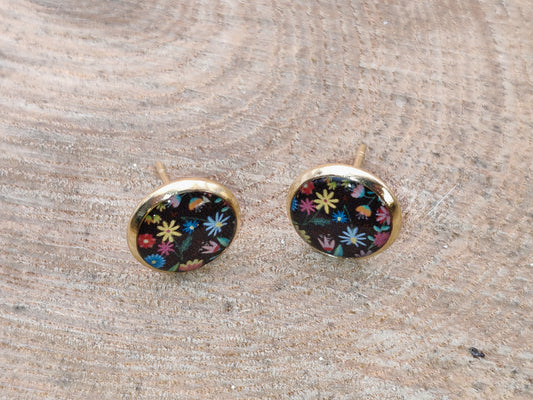 Clous cabochon de 10 mm – Fleurs multicolores sur fond sombre