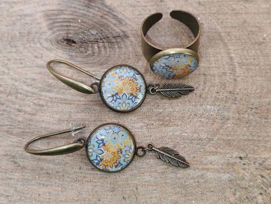 Ensemble bague + boucles d’oreilles – Fleurs d’Orient et arabesques dorées