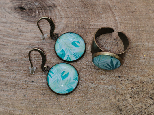 Ensemble bague + boucles d'oreilles - Feuillage tropical