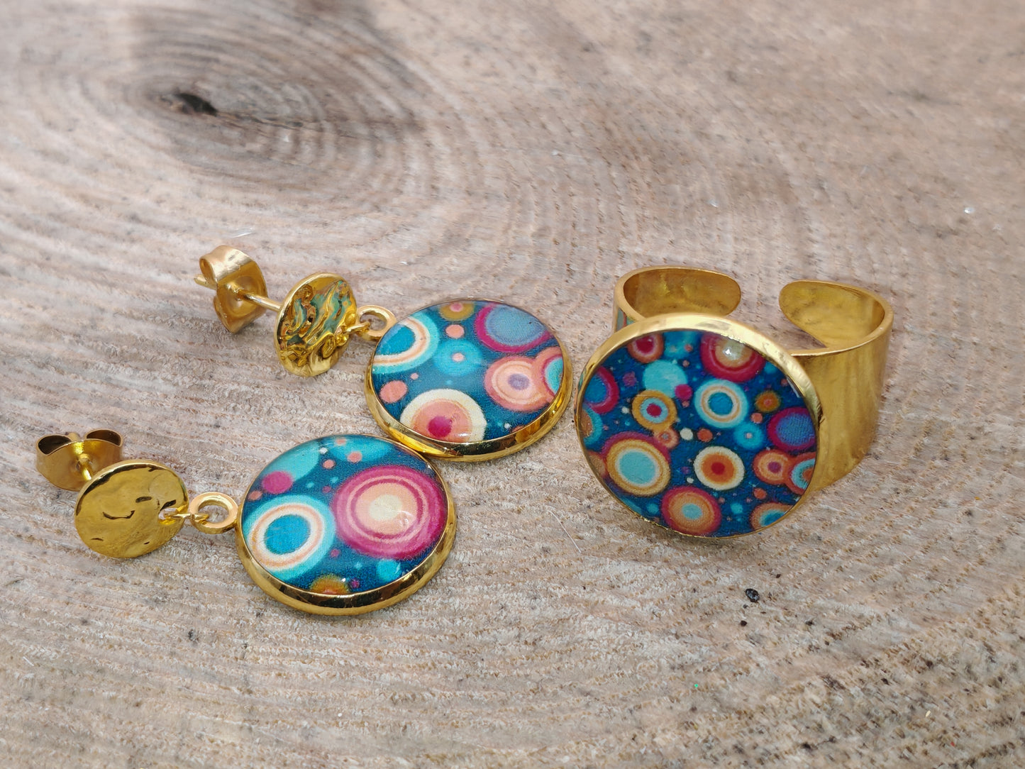 Ensemble bague + boucles d’oreilles – Cercles colorés
