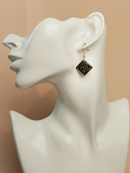 Boucles d’oreilles – Carrés noirs éclats dorés