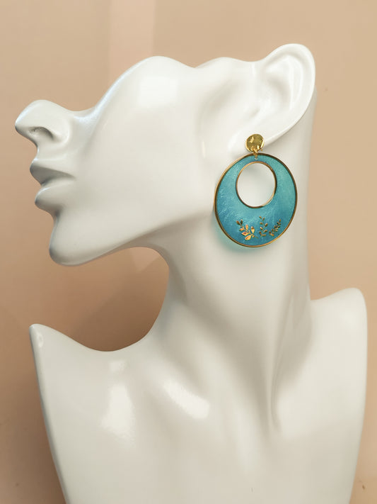 Boucles d’oreilles – Cercles turquoise au feuillage doré