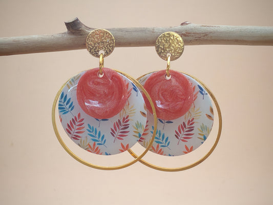 Boucles d’oreilles – Feuillages colorés sur fond ivoire