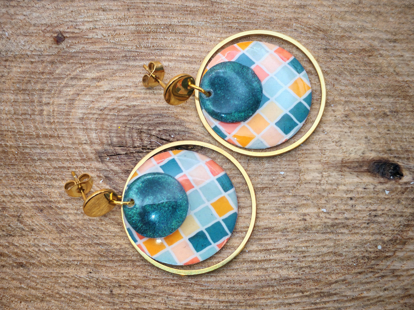 Boucles d’oreilles – Mosaïque douce et vert profond