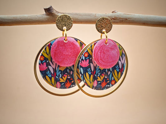 Boucles d’oreilles – Feuillage coloré et rose éclatant