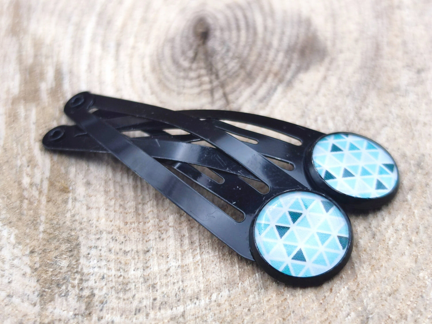 Lot de 2 barrettes, cabochons de 12 mm de diamètre en résine sur imprimé, fait main