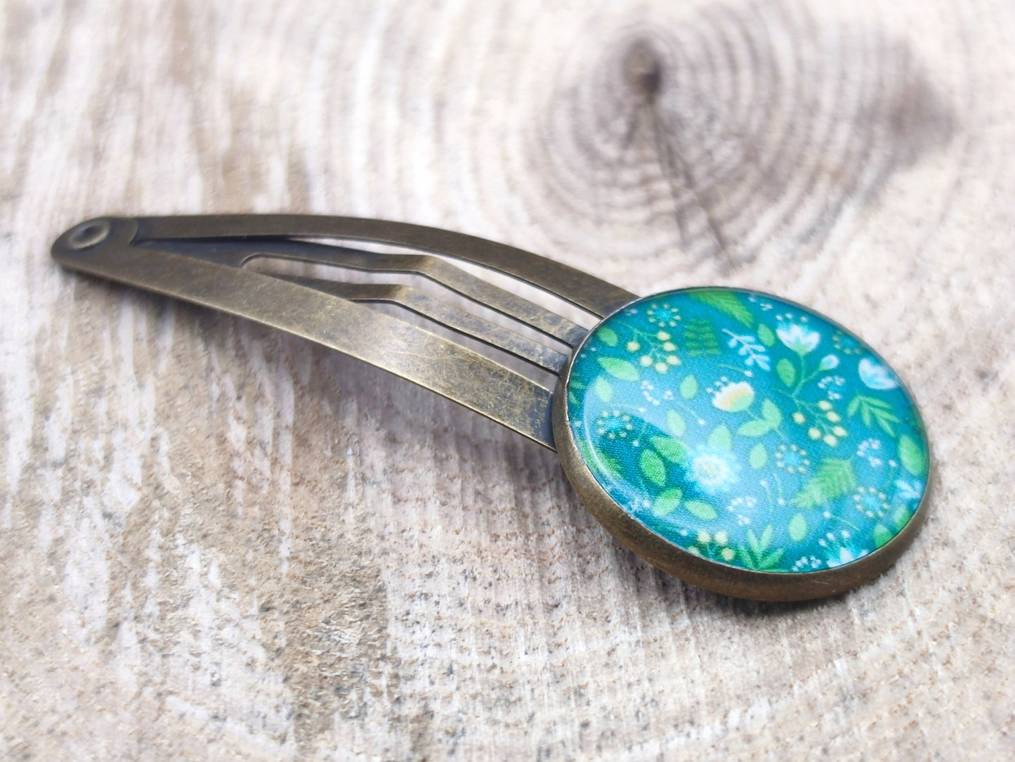 Barrette, cabochon de 20 mm de diamètre en résine sur imprimé, fait main