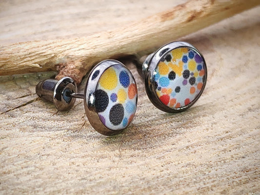 Clous d'oreille, acier inoxydable, cabochon de 8mm de diamètre en résine sur imprimé tâches rondes, motif asymétrique, fait main