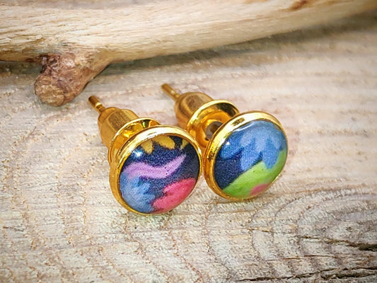 Clous d'oreille, acier inoxydable, cabochon de 6mm de diamètre en résine sur imprimé, motif asymétrique, fait main