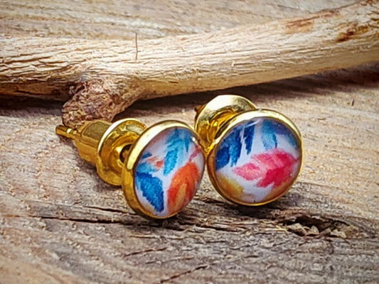 Clous d'oreille, acier inoxydable, cabochon de 6mm de diamètre en résine sur imprimé, motif asymétrique, fait main