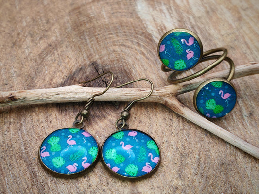 Ensemble bague et boucles d'oreille, métal et cabochon en résine sur imprimé, fait main
