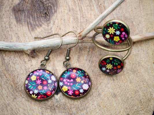 Ensemble bague et boucles d'oreille, métal et cabochon en résine sur imprimé, fait main