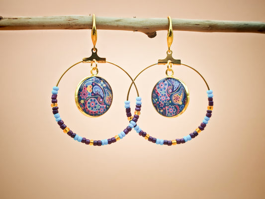 Boucles d’oreilles  - Créoles ronde orientale aux perles d’azur