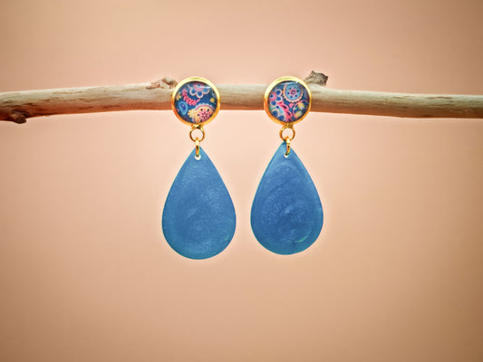 Clous d'oreilles pendants - Goutte d’azur et arabesques persanes