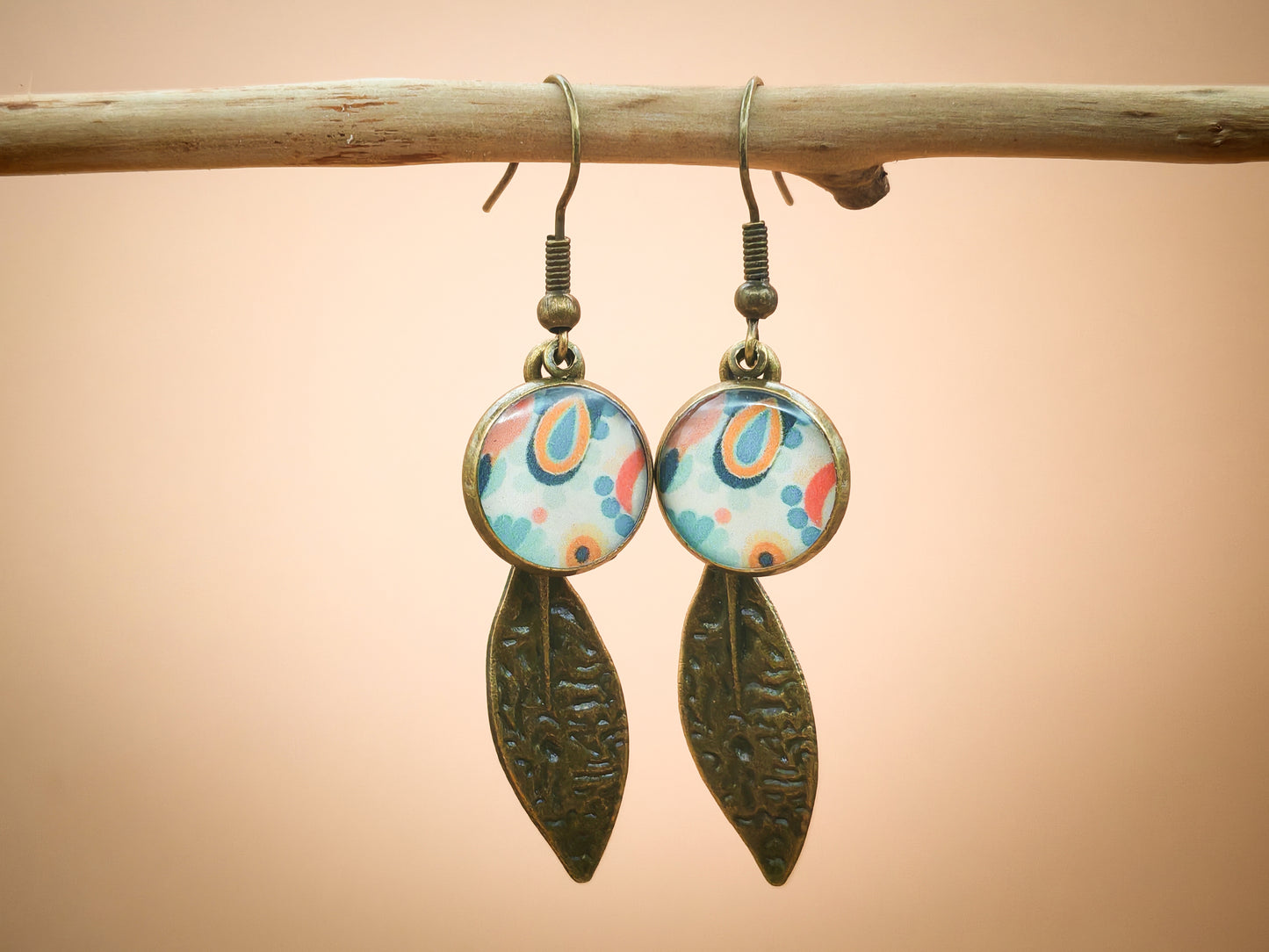 Ensemble pendentif + boucles d'oreilles - Fleurs de rêve et feuille d'ambre