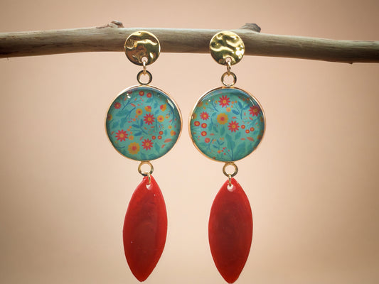 Boucles d’oreilles – Fleurs solaires et goutte coquelicot
