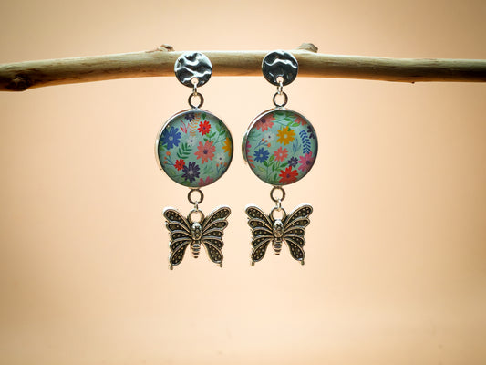 Boucles d'oreilles – Clairière en fleurs et papillons d’été