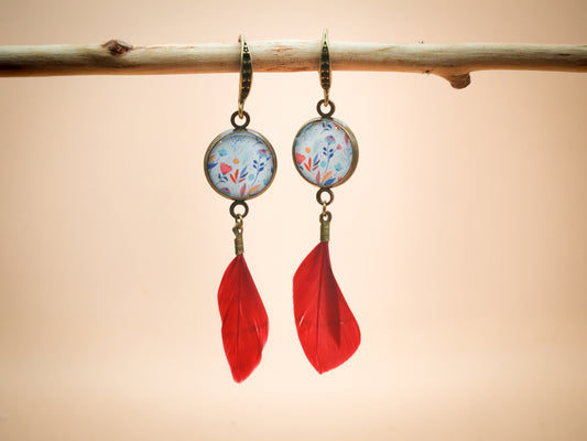 Boucles d’oreilles – Douceur florale et plume bordeaux