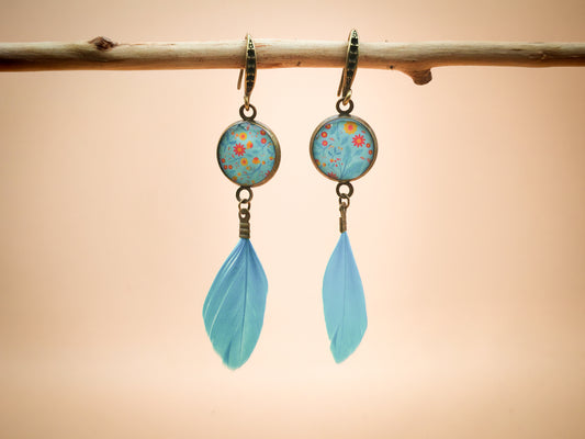 Boucles d’oreilles – Jardin fleuri et plume azur