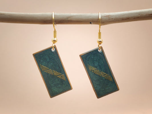 Boucles d’oreilles – Feuillage doré sur vert mystique