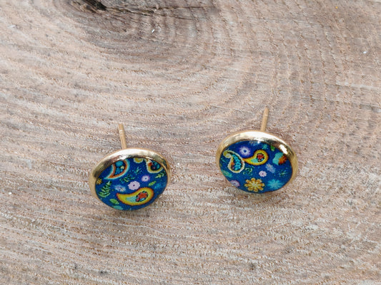 Clous cabochon de 10 mm – Paisley lumineux sur bleu intense