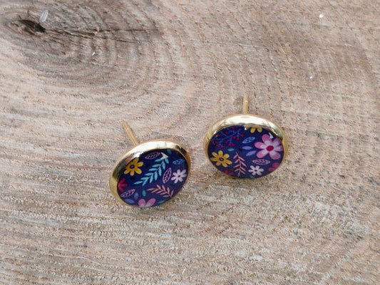 Clous cabochon de 10 mm – Jardin floral sur fond violet