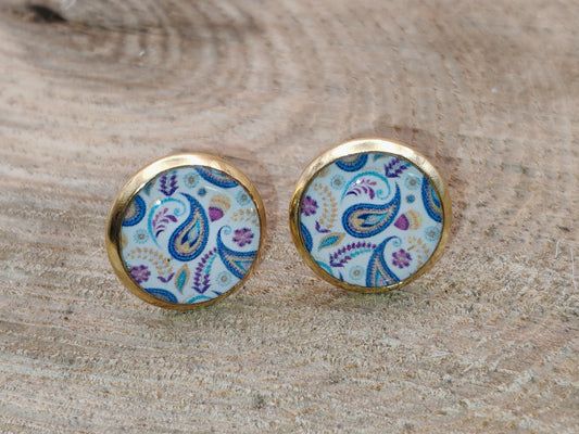 Clous cabochon de 10 mm – Paisley bleu et mauve