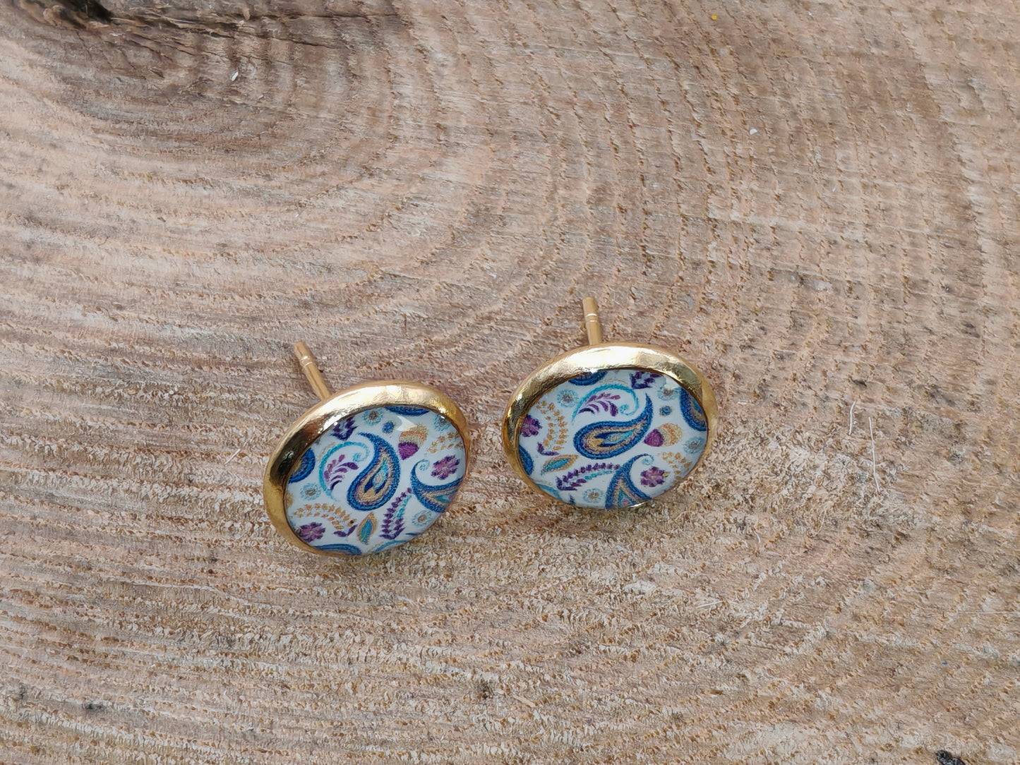Clous cabochon de 10 mm – Paisley bleu et mauve