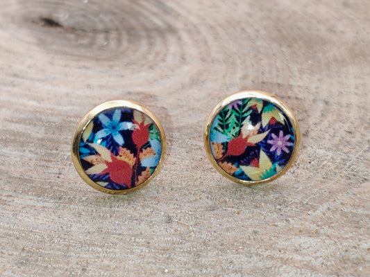 Clous cabochon de 10 mm – Feuillages colorés sur fond bleu texturé