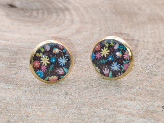 Clous cabochon de 10 mm – Fleurs multicolores sur fond sombre