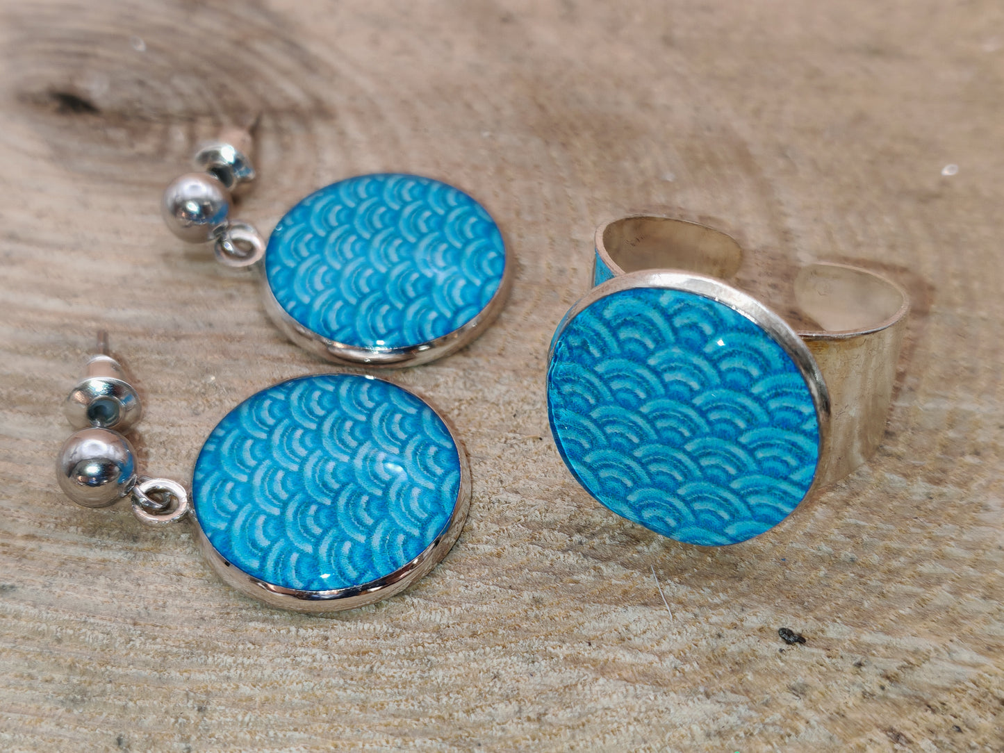 Ensemble bague + boucles d’oreilles – Vagues japonaises bleu turquoise