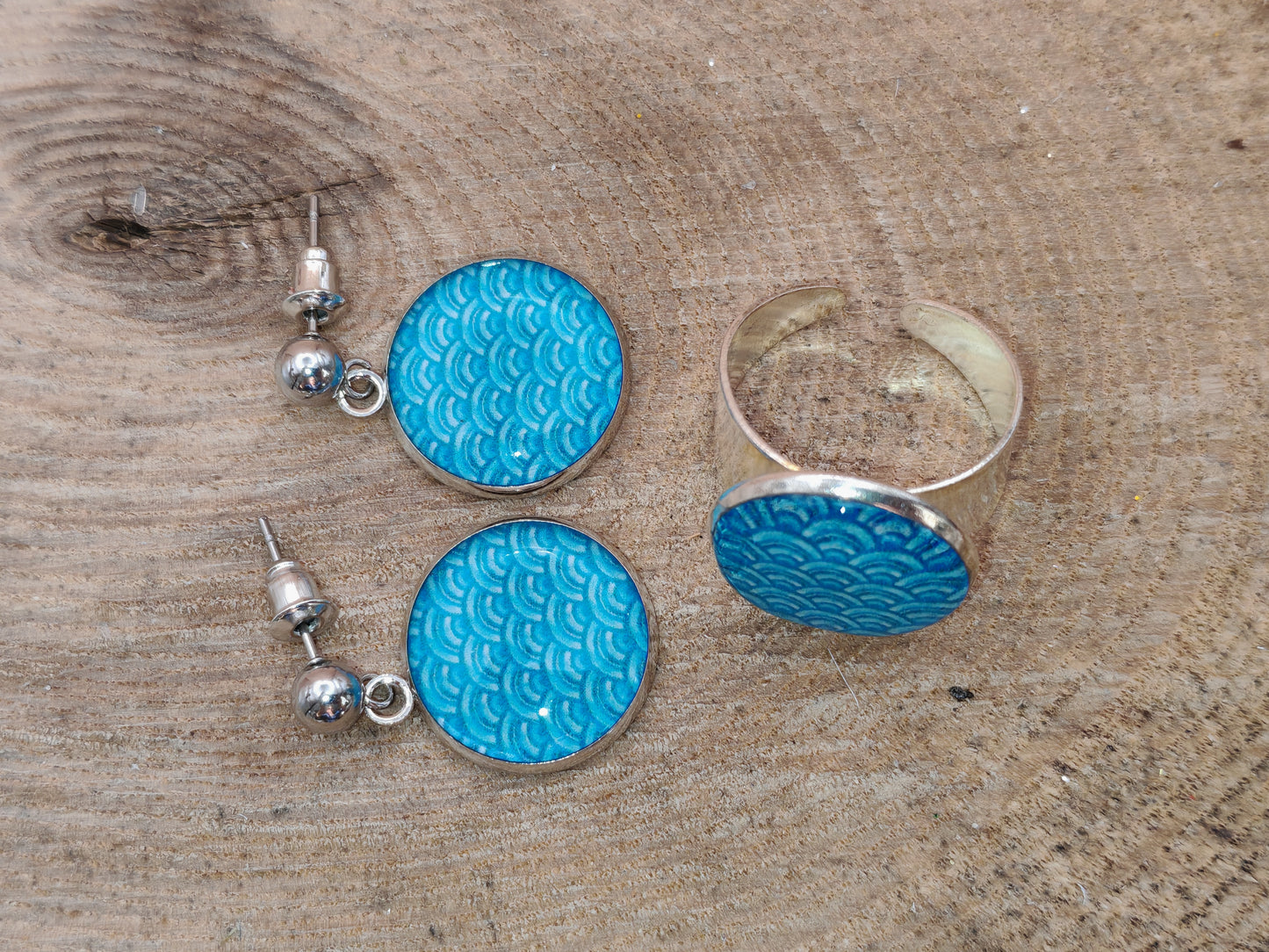 Ensemble bague + boucles d’oreilles – Vagues japonaises bleu turquoise