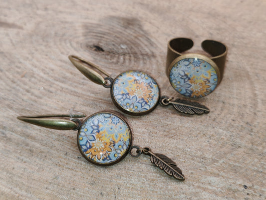 Ensemble bague + boucles d’oreilles – Fleurs d’Orient et arabesques dorées