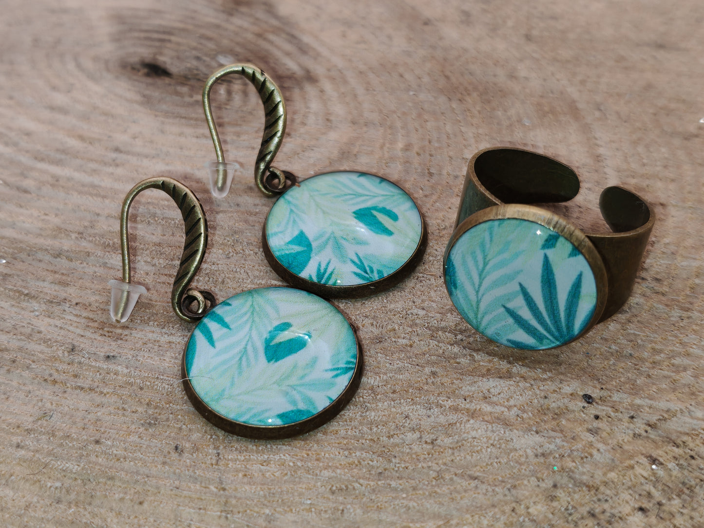 Ensemble bague + boucles d'oreilles - Feuillage tropical