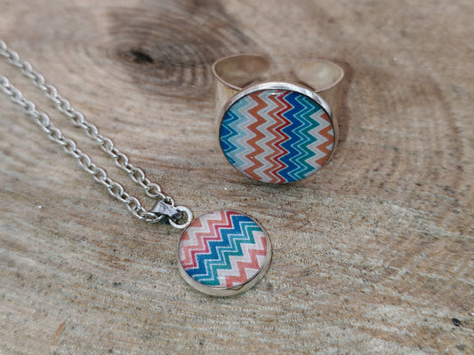 Ensemble pendentif + bague - Ondes colorées