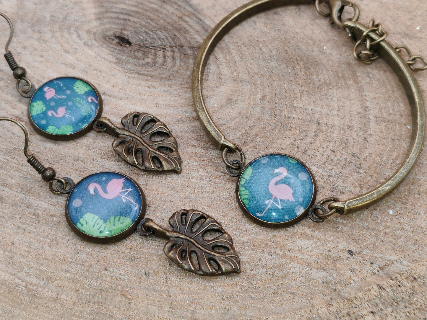 Ensemble bracelet + boucles d’oreilles – Flamants tropicaux