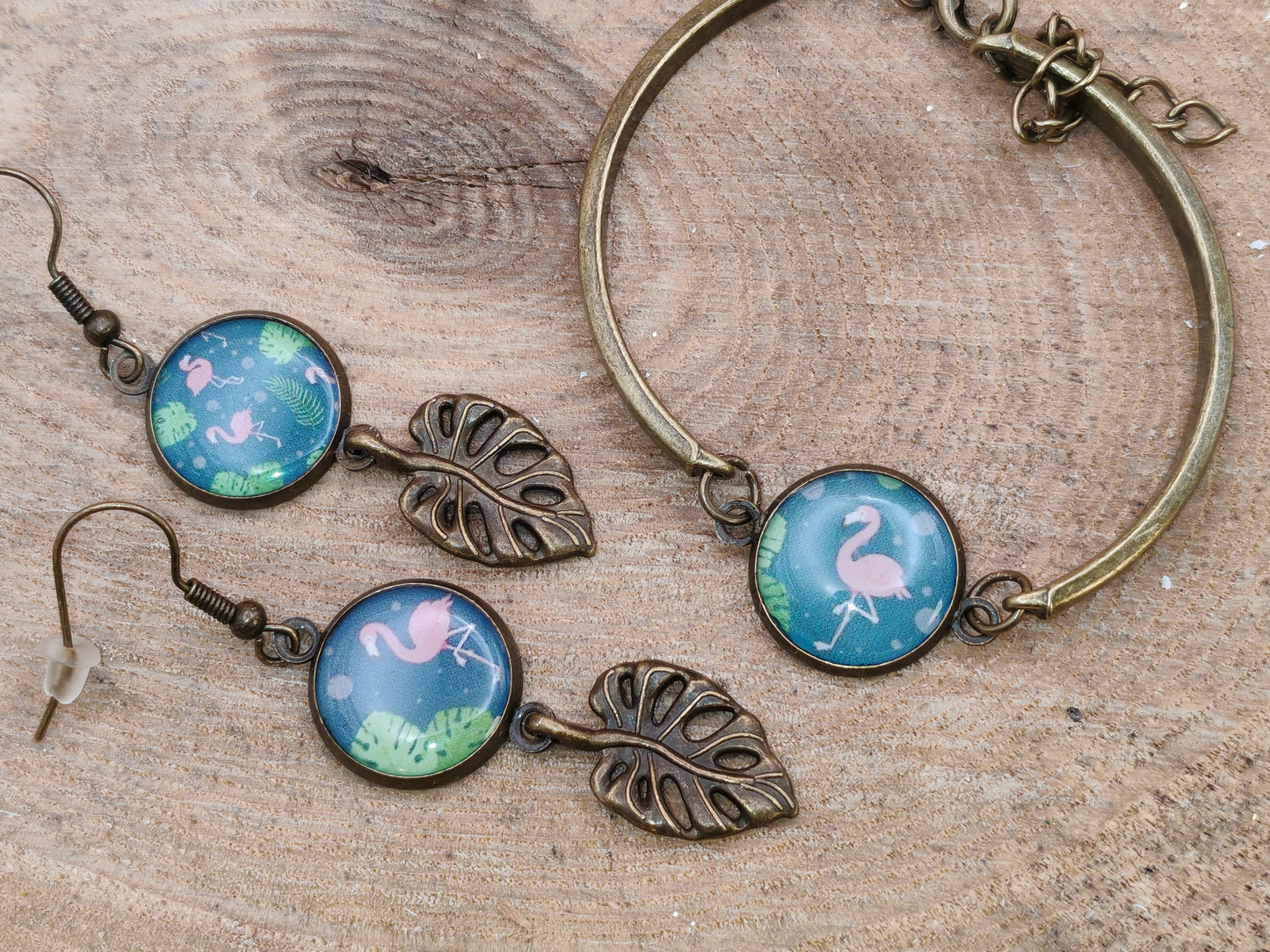 Ensemble bracelet + boucles d’oreilles – Flamants tropicaux