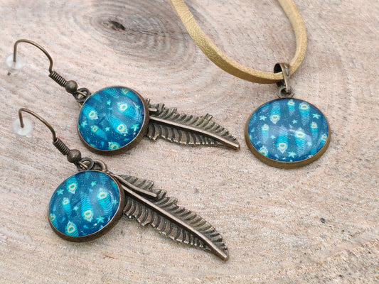 Ensemble pendentif + boucles d’oreilles – Plumes de minuit