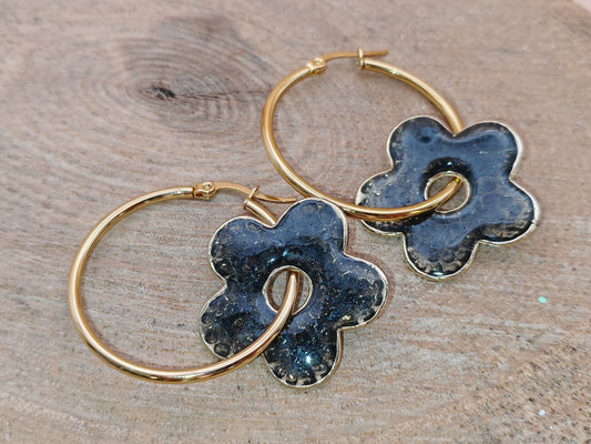 Boucles d’oreilles – Fleurs noires scintillantes