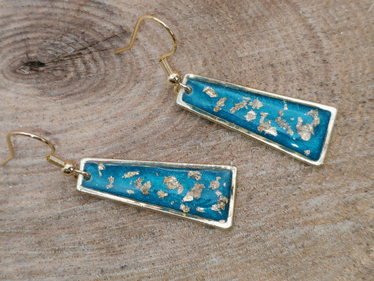 Boucles d’oreilles – Trapèzes bleu turquoise éclats dorés