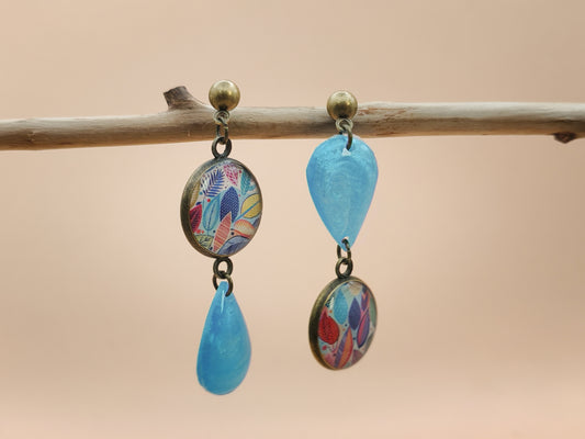 Boucles d’oreilles – Feuillages pastel et éclats turquoise