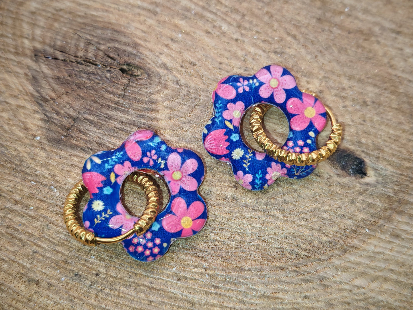 Boucles d’oreilles / Pampilles – Fleur réversible floraison rose