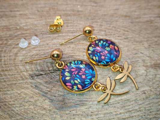 Boucles d'oreilles – Jardin nocturne et libellule dorée
