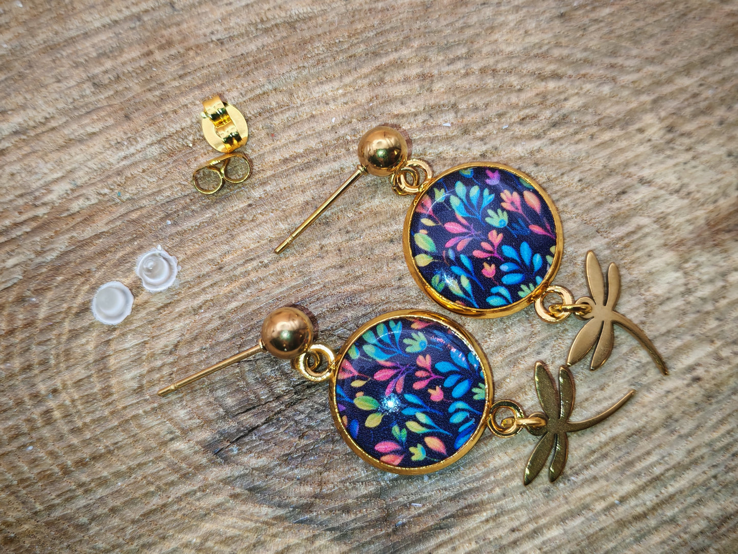 Boucles d'oreilles – Jardin nocturne et libellule dorée