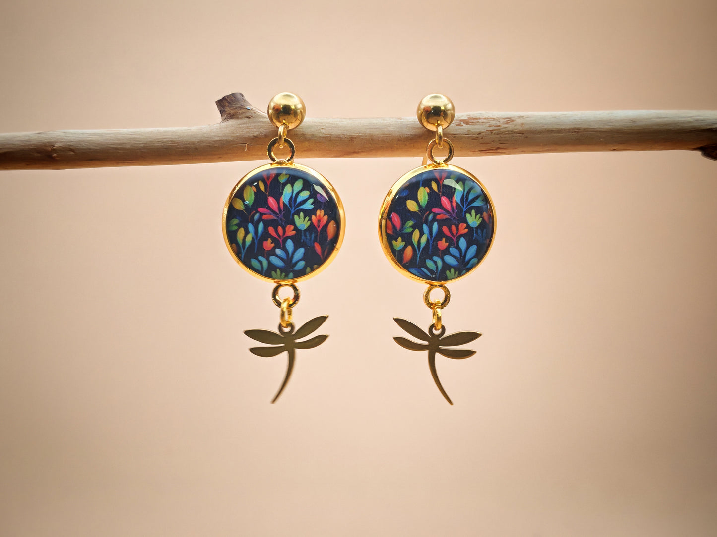 Boucles d'oreilles – Jardin nocturne et libellule dorée