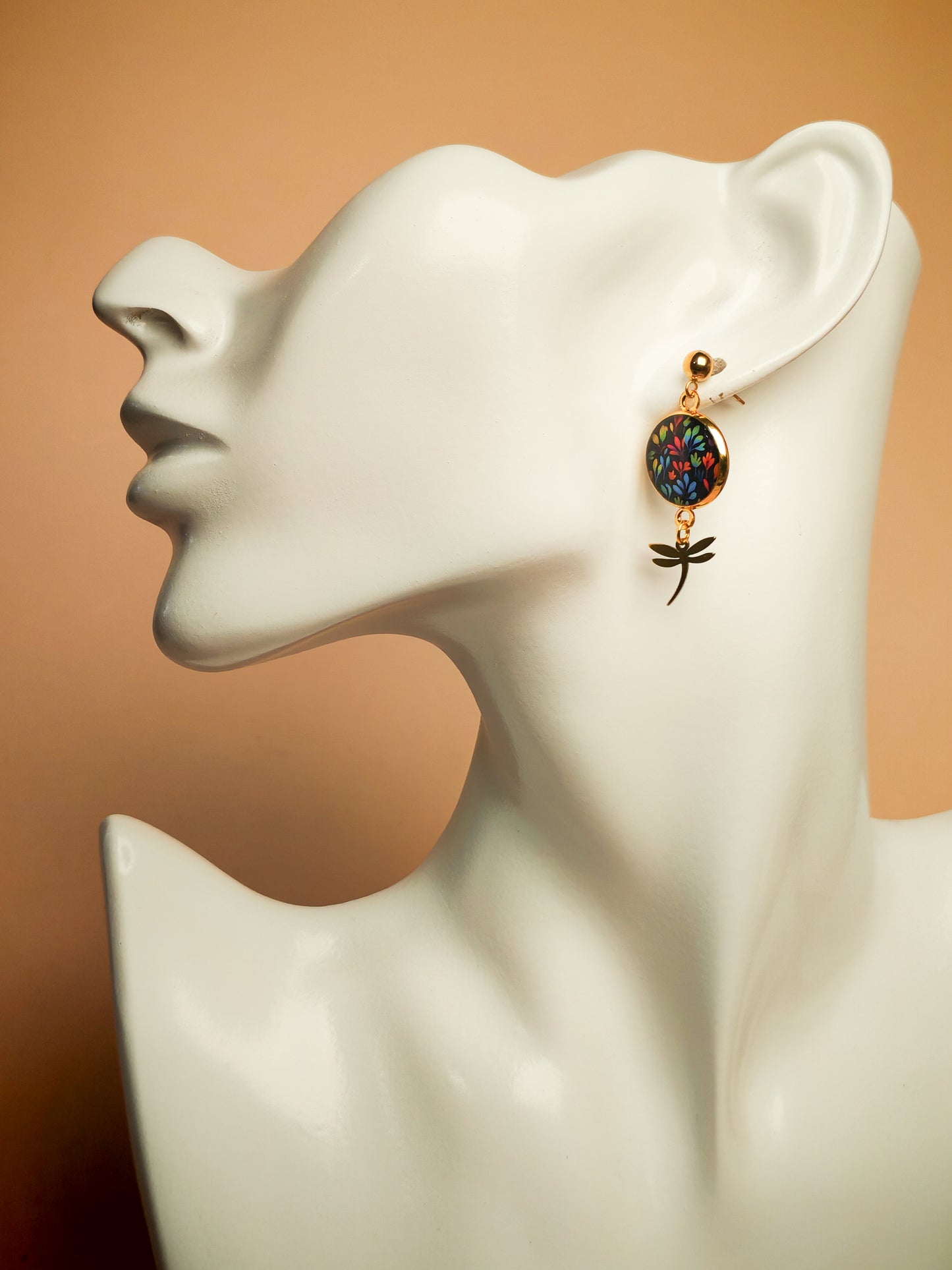 Boucles d'oreilles – Jardin nocturne et libellule dorée
