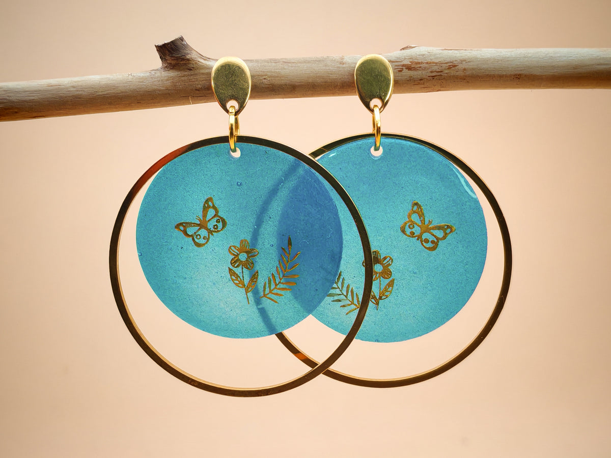Boucles d’oreilles – Jardin doré sur bleu profond