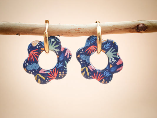 Boucles d’oreilles / Pampilles – Fleur nuit florale aux éclats colorés